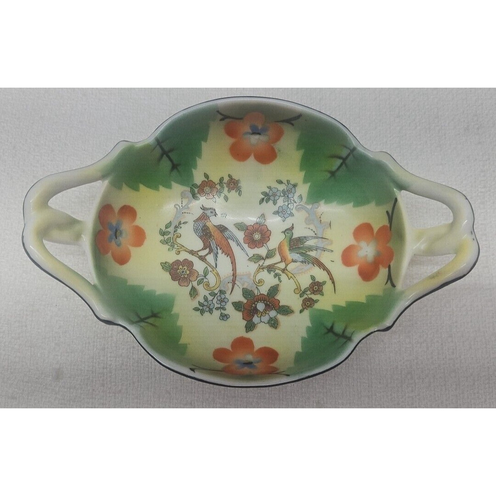 Vintage Prov Saxe Germany ES Hand Painted Bird Floral Double Handled Jewel Dish